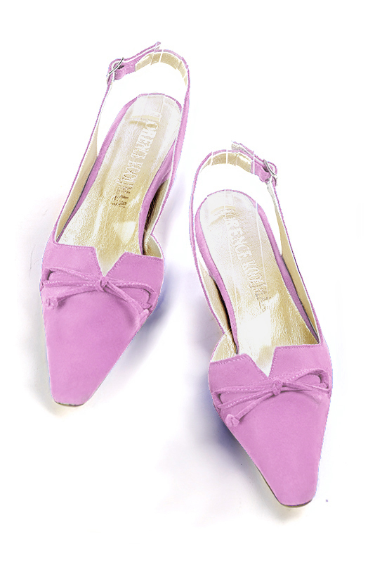 Mauve purple open back shoes with a knot. Tapered toe. Low kitten heels